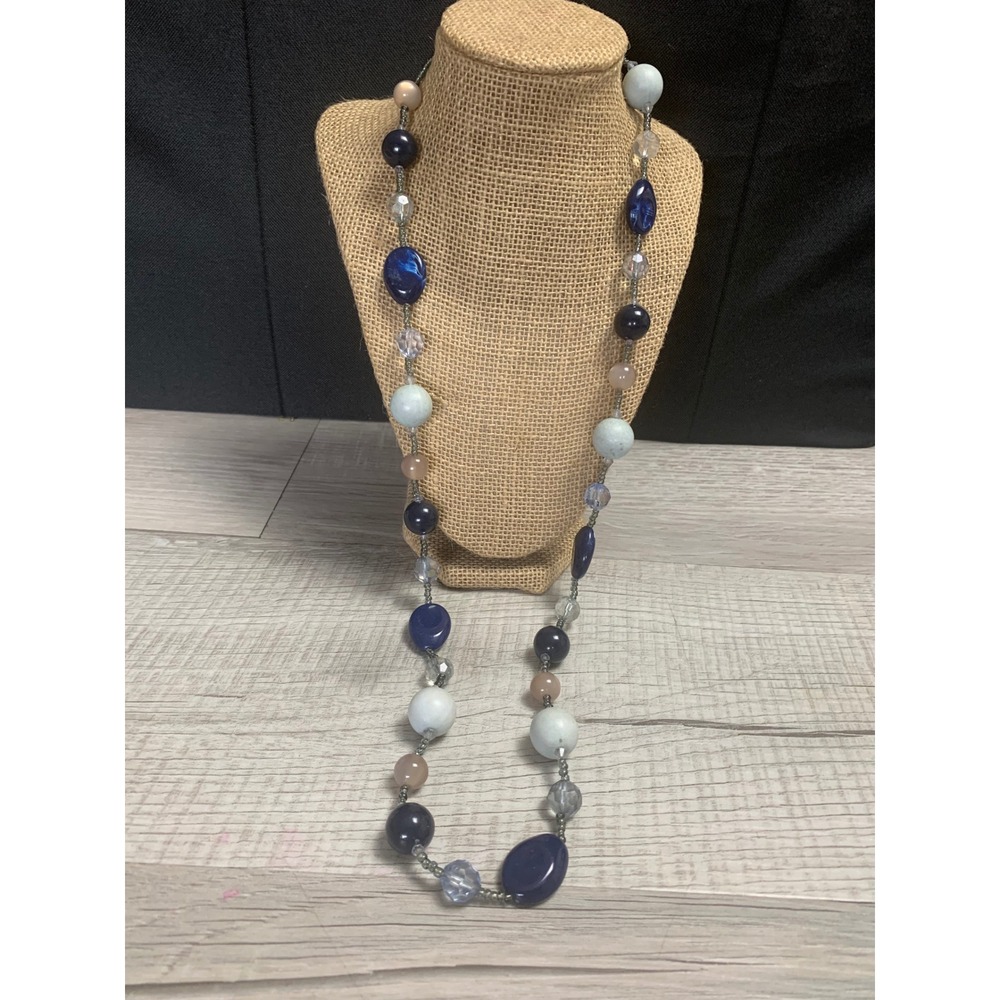 Womens Long Navy and Light Blue Beaded Necklace 32 Inch Multi Shape Stone Styleβ